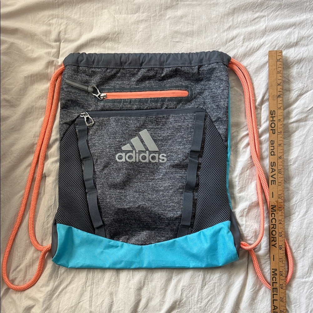 adidas Heather Gray & Teal Drawstring Gym Sack with Coral Accents